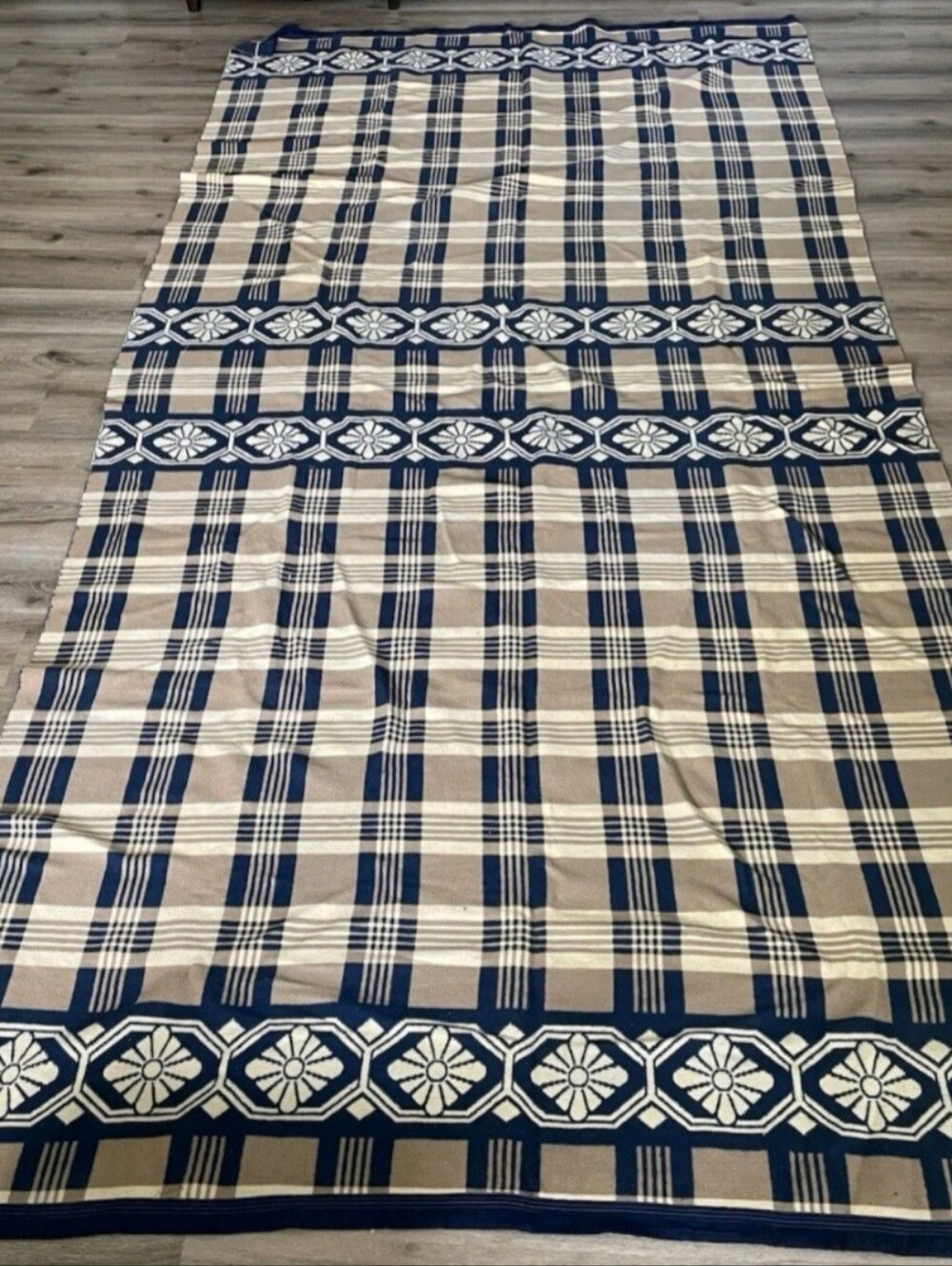 Vintage Blue and Cream Plaid Double Length Blanket LIKE NEW